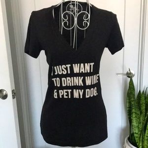 Novelty V neck tee T-shirt wine dog